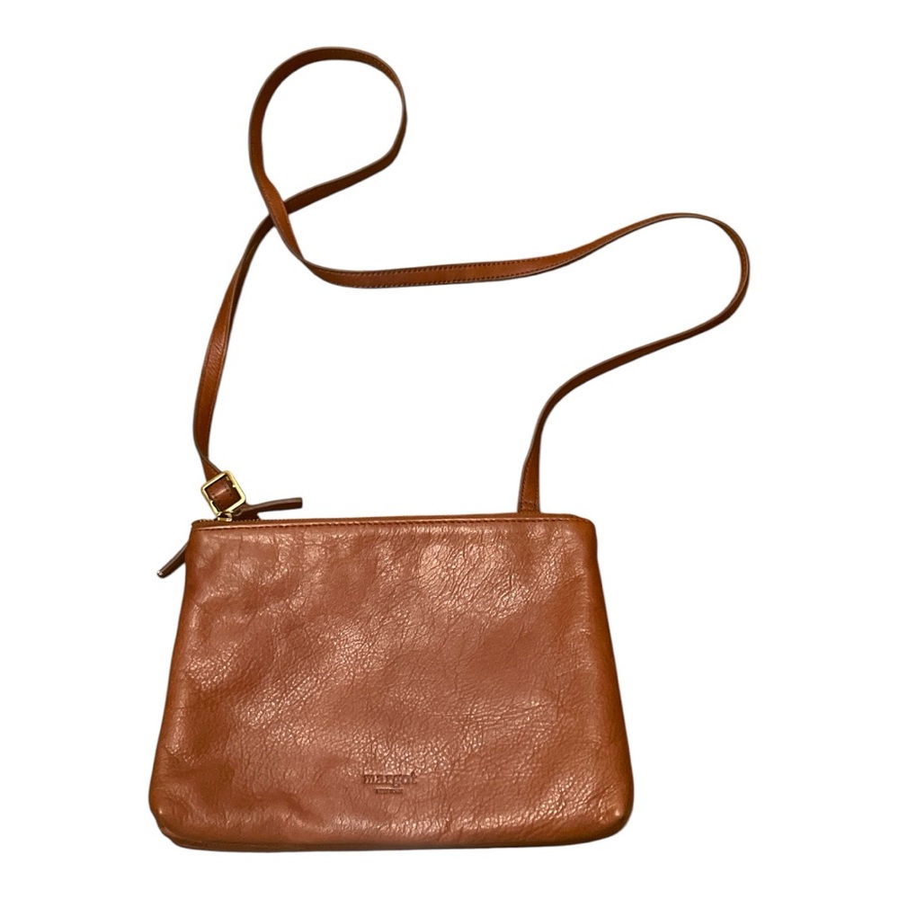 Margot New York Cognac Leather Double Zipper Crossbody Bag.
